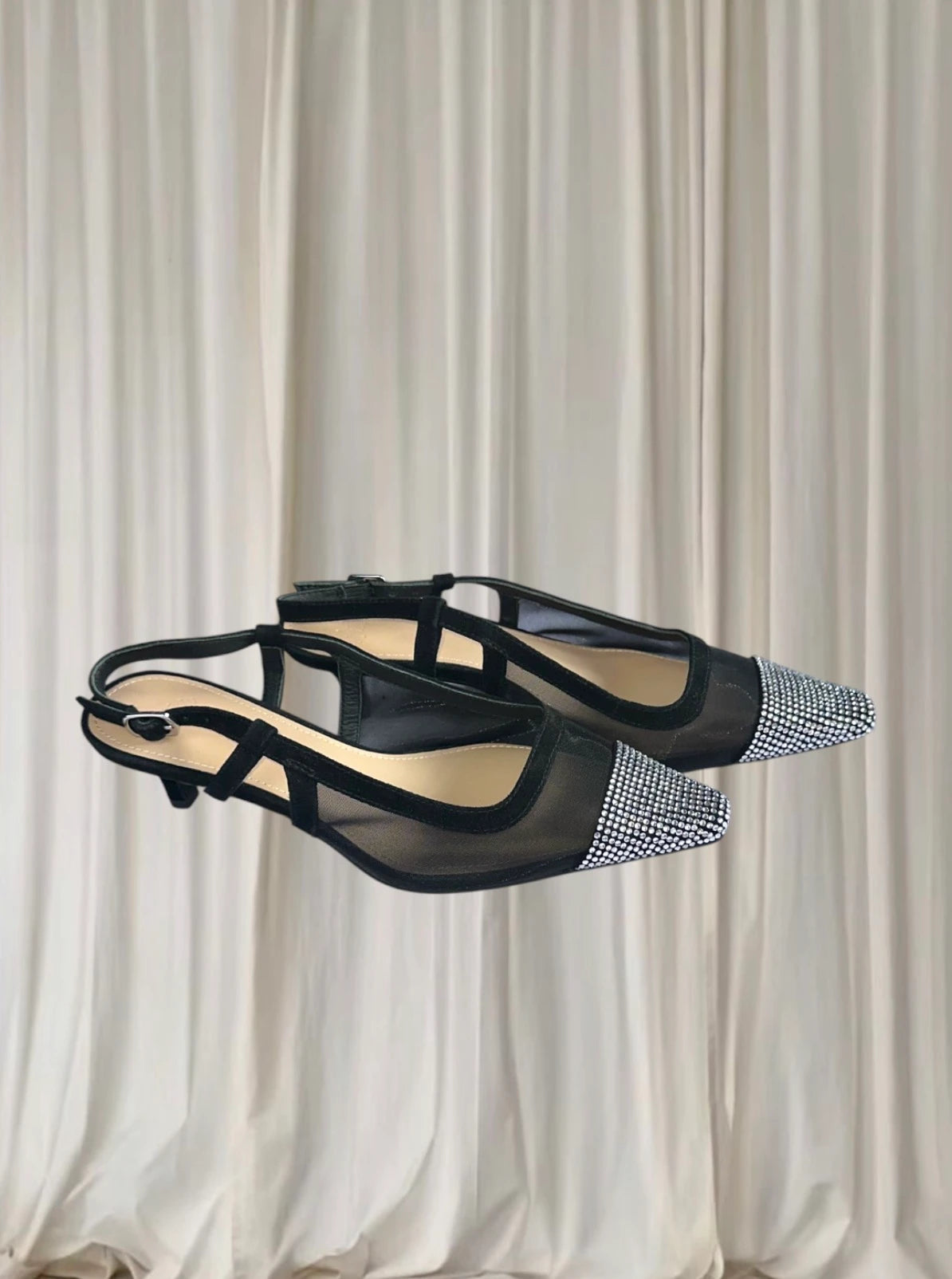 Y2K Rhinestone Mesh Slingback Heels - Elegant Black Cap Toe 39 - Image 2