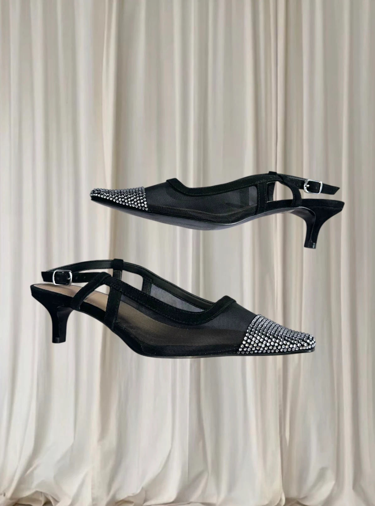Y2K Rhinestone Mesh Slingback Heels - Elegant Black Cap Toe 39 - Image 5