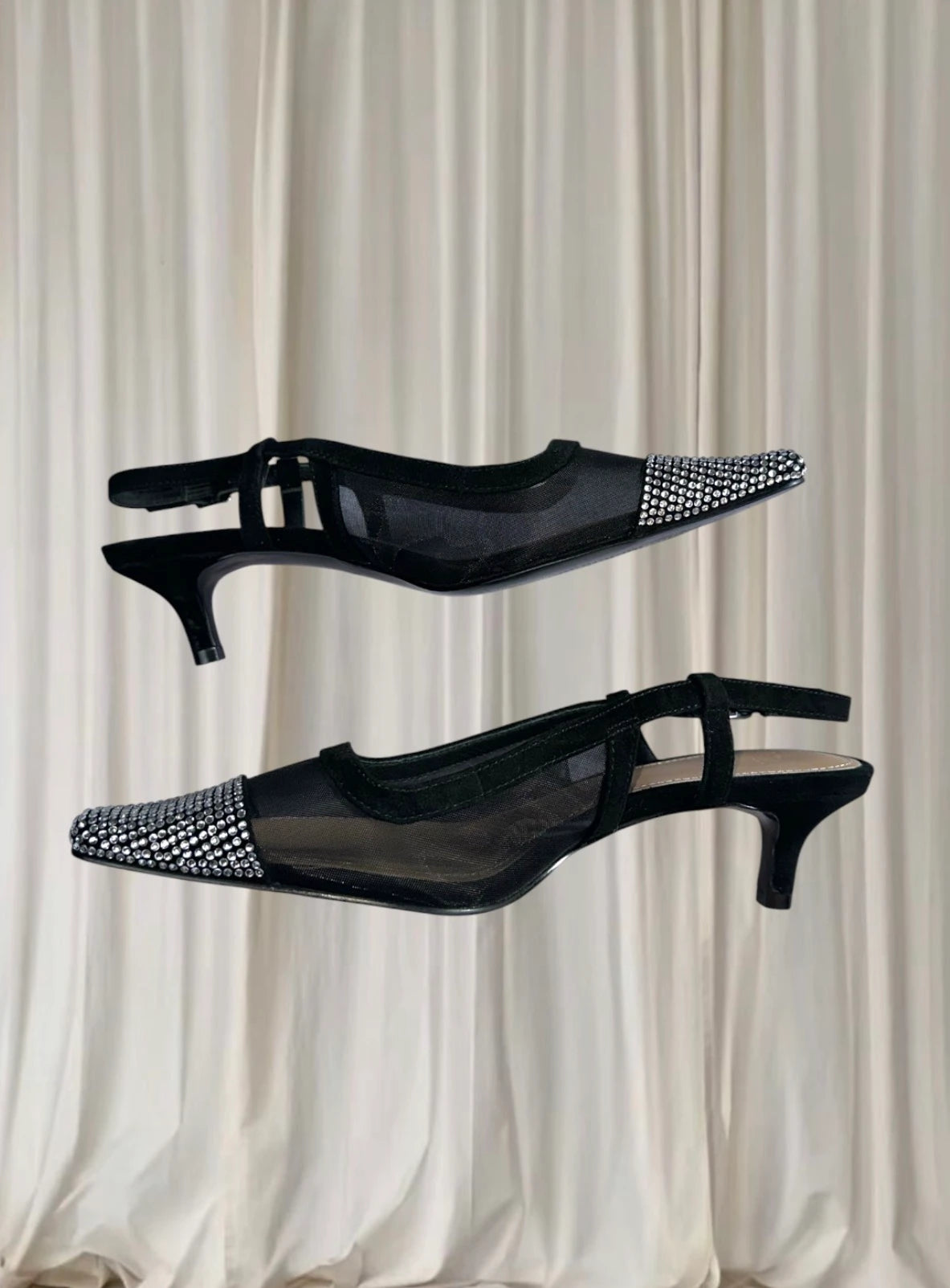 Y2K Rhinestone Mesh Slingback Heels - Elegant Black Cap Toe 39 - Image 6