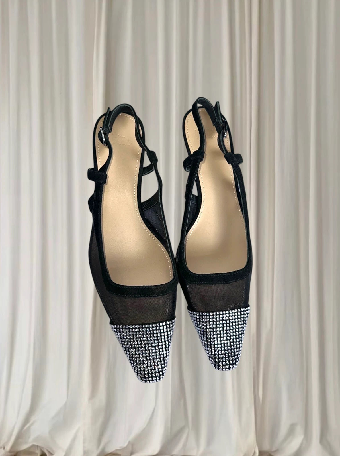 Y2K Rhinestone Mesh Slingback Heels - Elegant Black Cap Toe 39 - Image 4