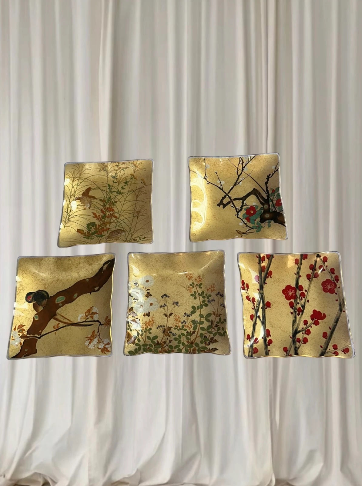Heritage Artisans Japanese Lacquerware Plate Set - Vintage Gold Leaf Four Seasons Design - Image 2