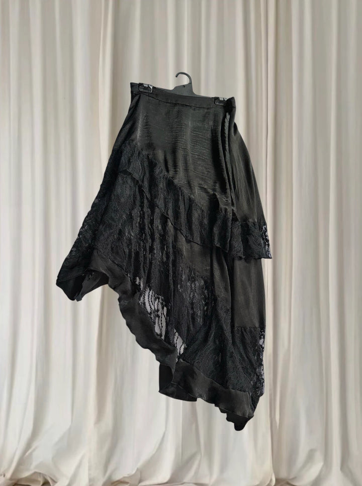 Avant Garde Black Satin Lace Skirt - Asymmetrical Gothic Midi Style S - Image 1