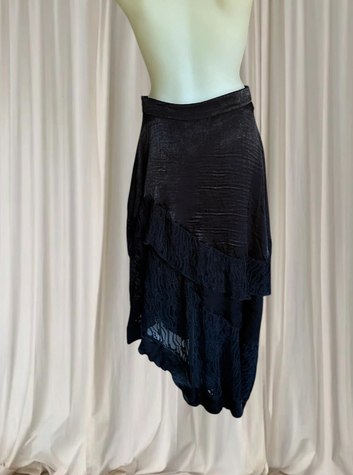 Avant Garde Black Satin Lace Skirt - Asymmetrical Gothic Midi Style S - Image 3