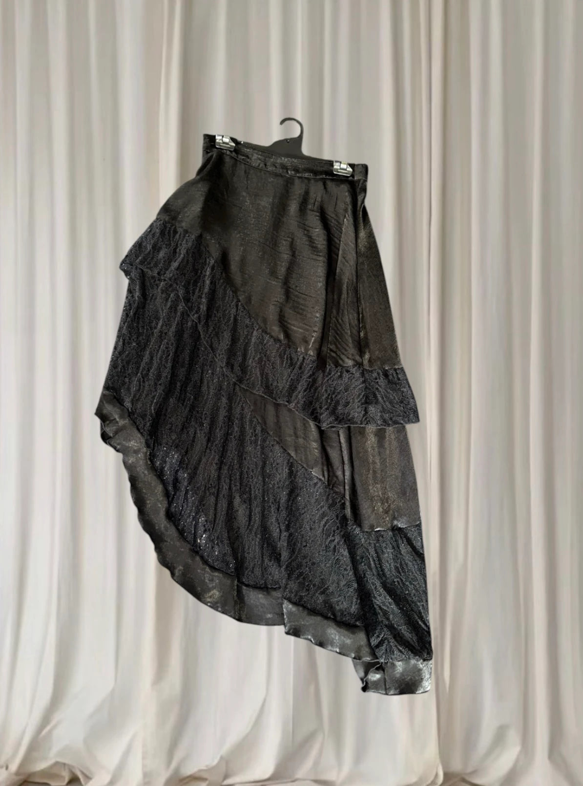 Avant Garde Black Satin Lace Skirt - Asymmetrical Gothic Midi Style S - Image 2