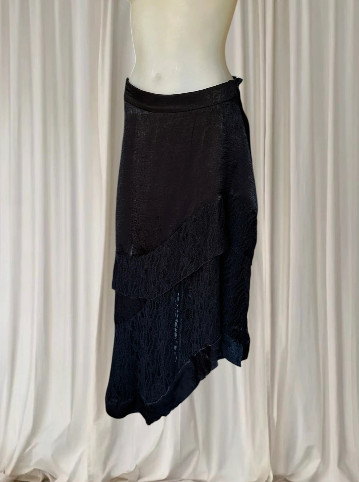 Avant Garde Black Satin Lace Skirt - Asymmetrical Gothic Midi Style S - Image 4
