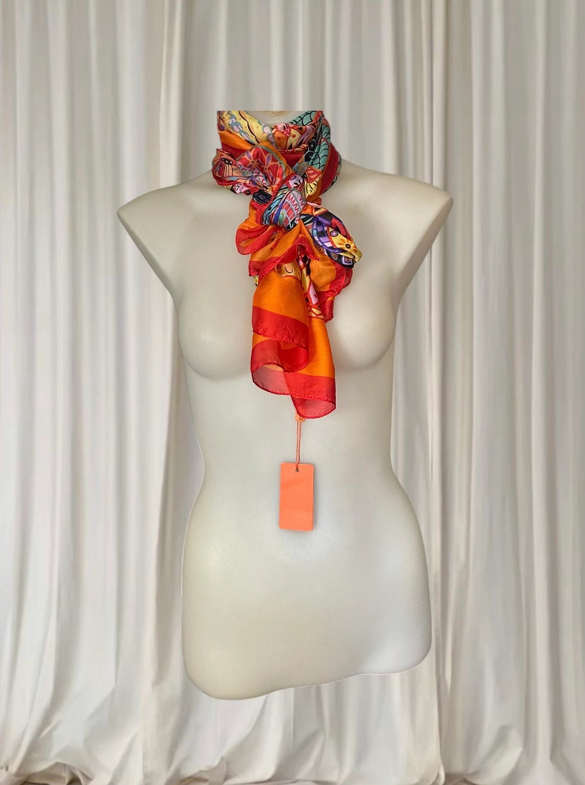 Silk Scarf - Vibrant Orange Mandala Print Luxury Accessory - Image 5