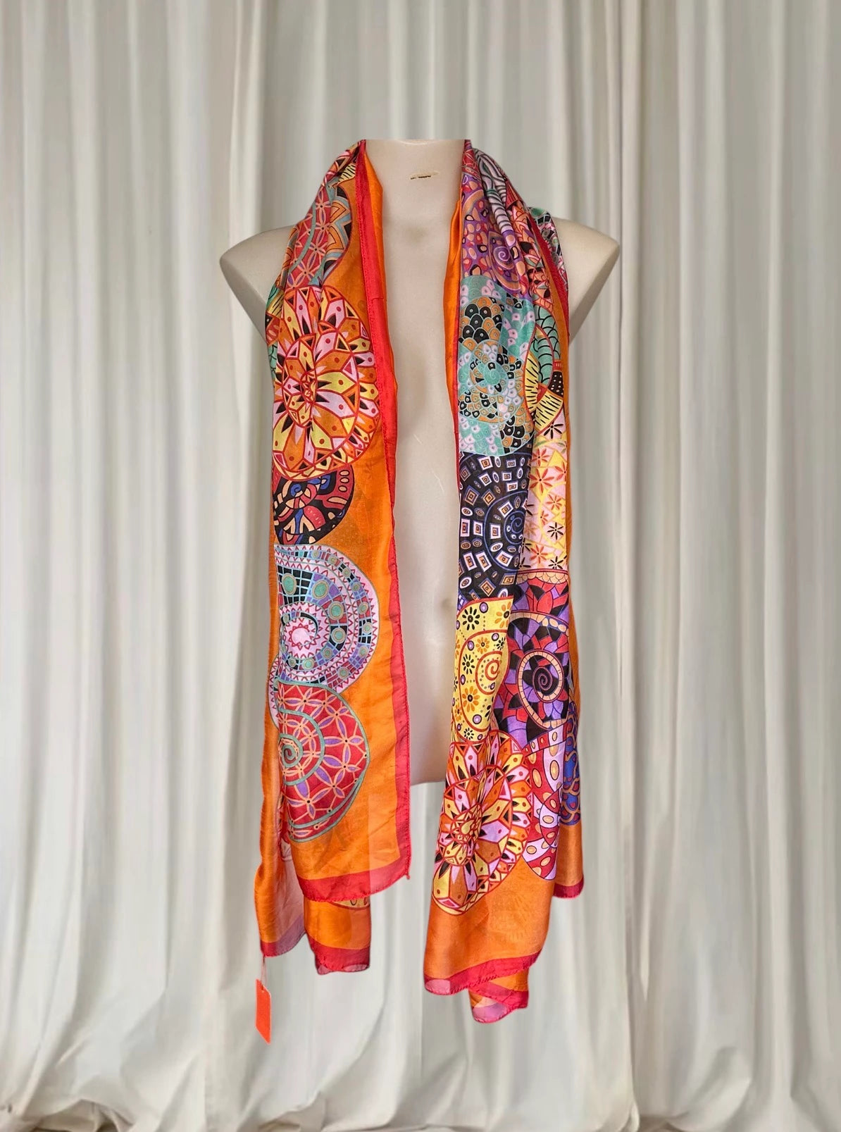 Silk Scarf - Vibrant Orange Mandala Print Luxury Accessory - Image 4