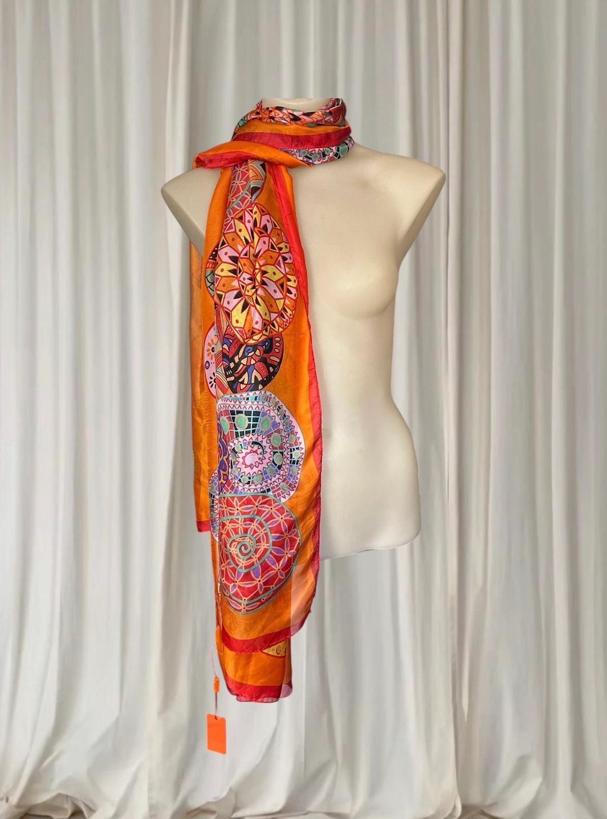 Silk Scarf - Vibrant Orange Mandala Print Luxury Accessory - Image 3
