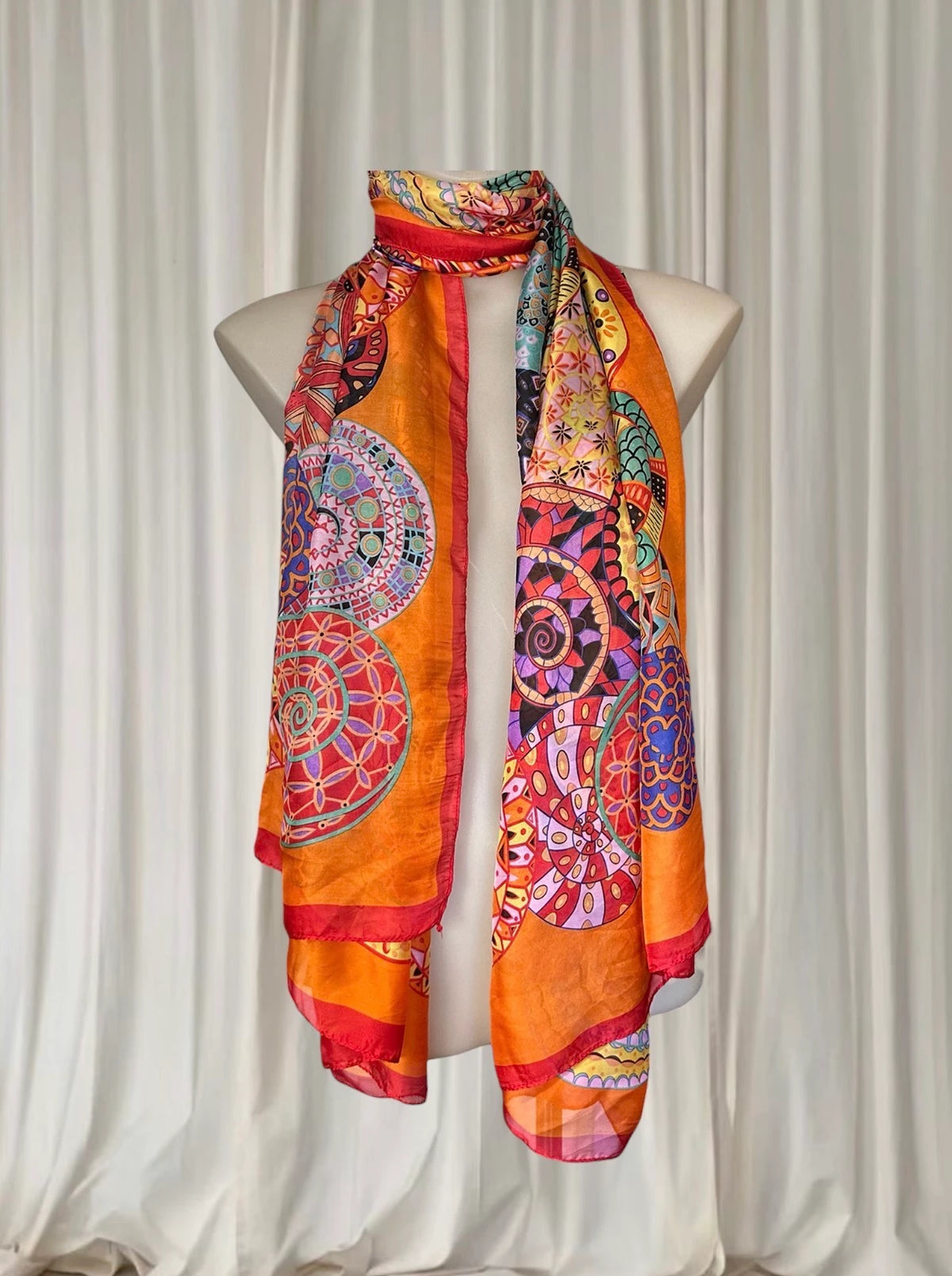Silk Scarf - Vibrant Orange Mandala Print Luxury Accessory - Image 2