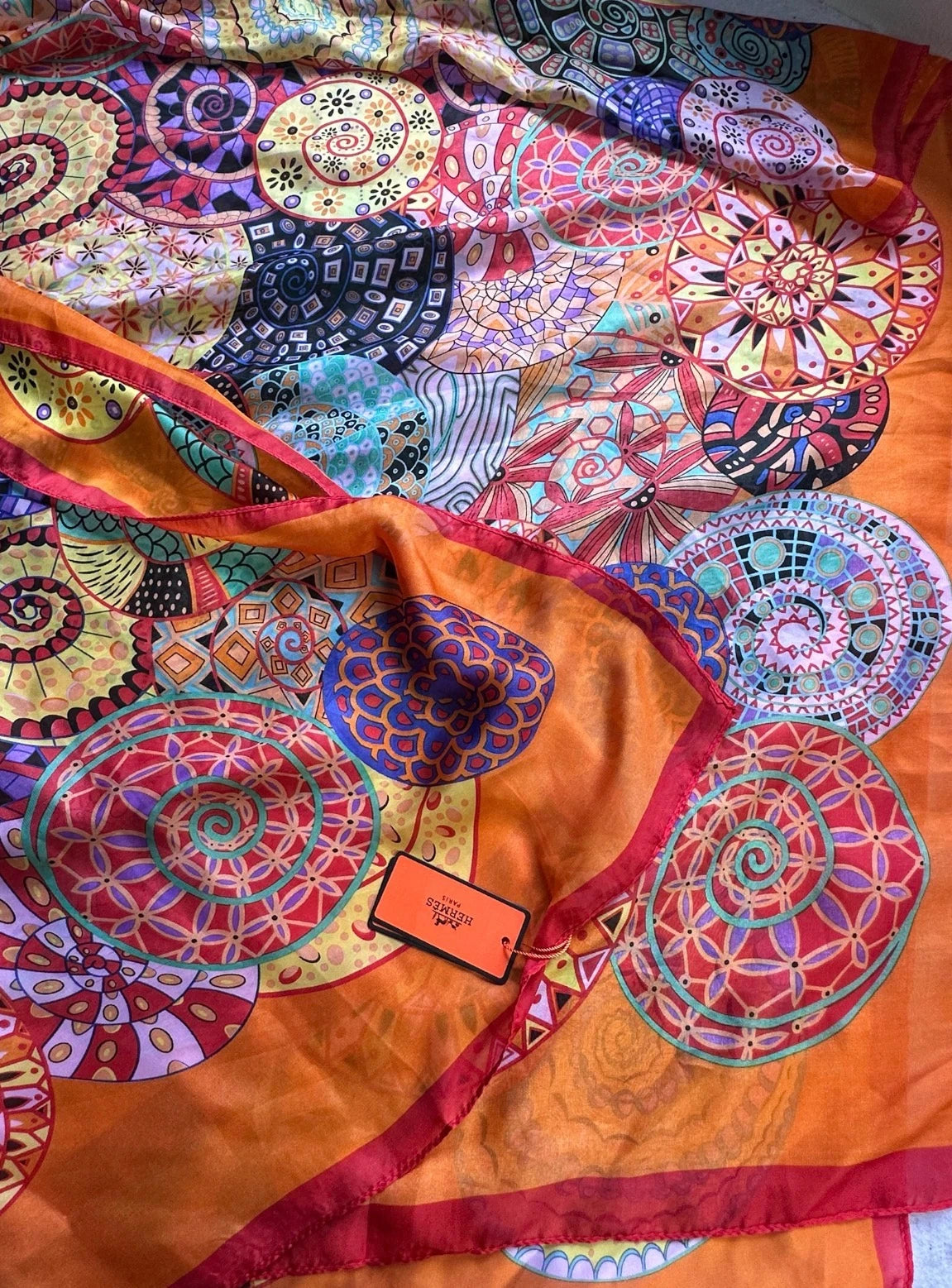 Silk Scarf - Vibrant Orange Mandala Print Luxury Accessory - Image 7