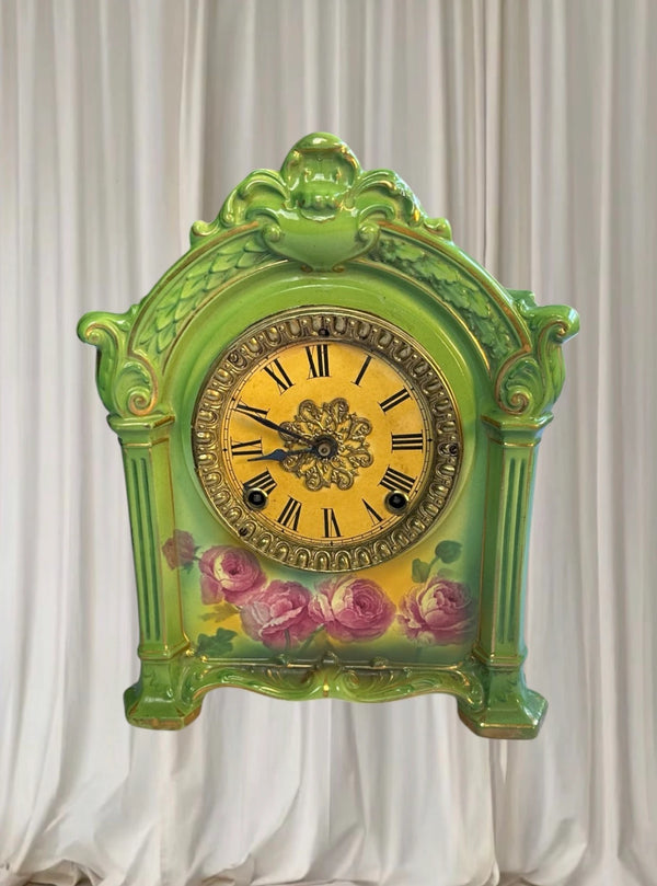 Victorian Era Ansonia Royal Bonn Porcelain Mantel Clock - Green Floral Vintage - Image 1