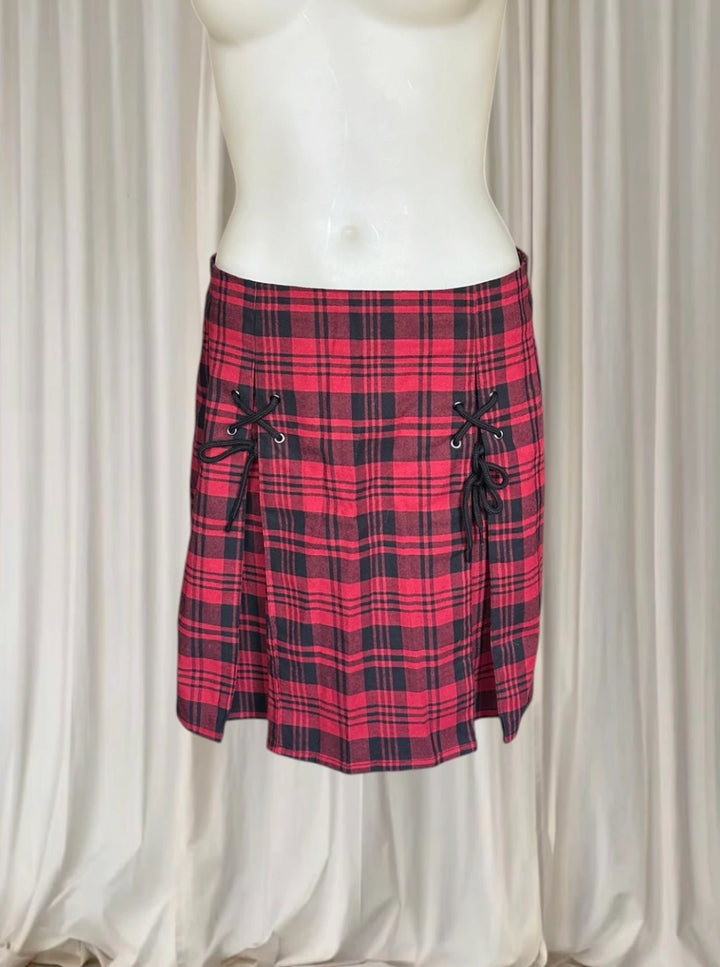 Dangerfield Escape My Affection Mini Skirt - Red Plaid Lace-Up AU10 BNWT - Image 1