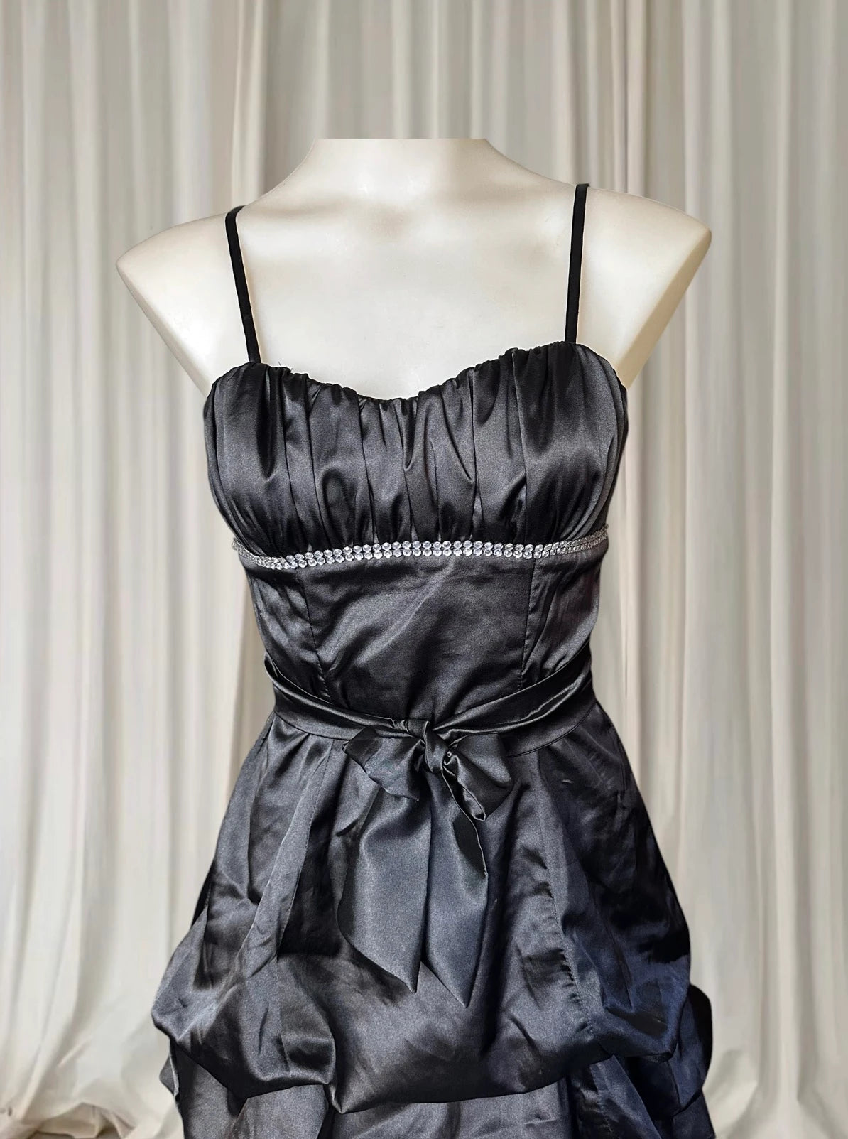 Satin Mini Dress - Pink Rouge Black Bubble Hem with Rhinestone Detail 8AU - Image 2
