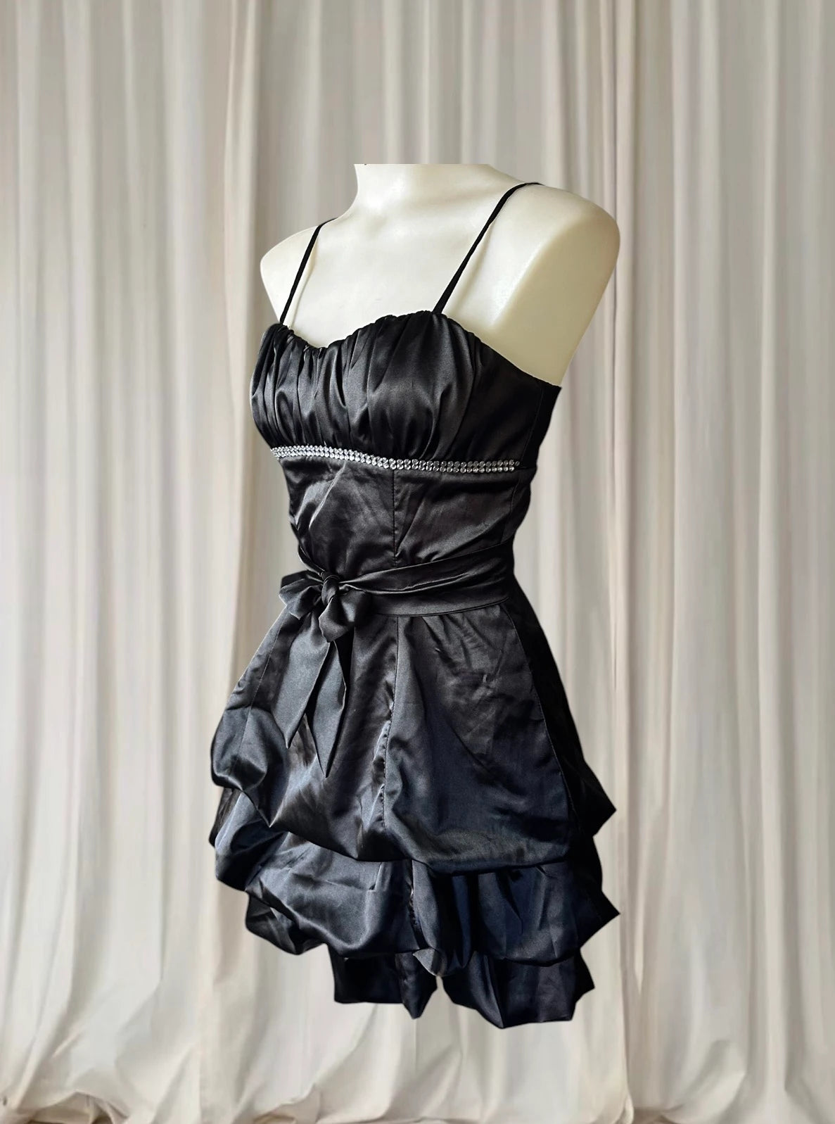Satin Mini Dress - Pink Rouge Black Bubble Hem with Rhinestone Detail 8AU - Image 4
