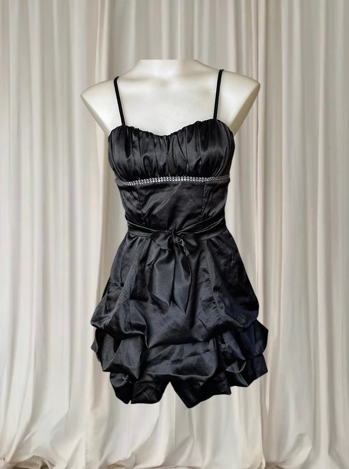 Satin Mini Dress - Pink Rouge Black Bubble Hem with Rhinestone Detail 8AU - Image 1