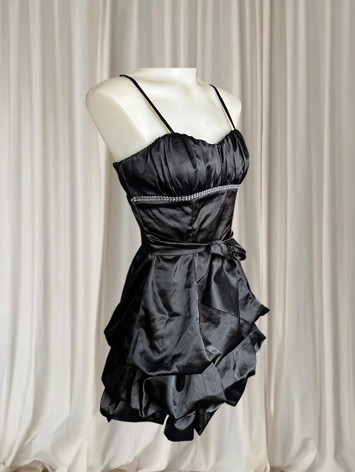 Satin Mini Dress - Pink Rouge Black Bubble Hem with Rhinestone Detail 8AU - Image 3