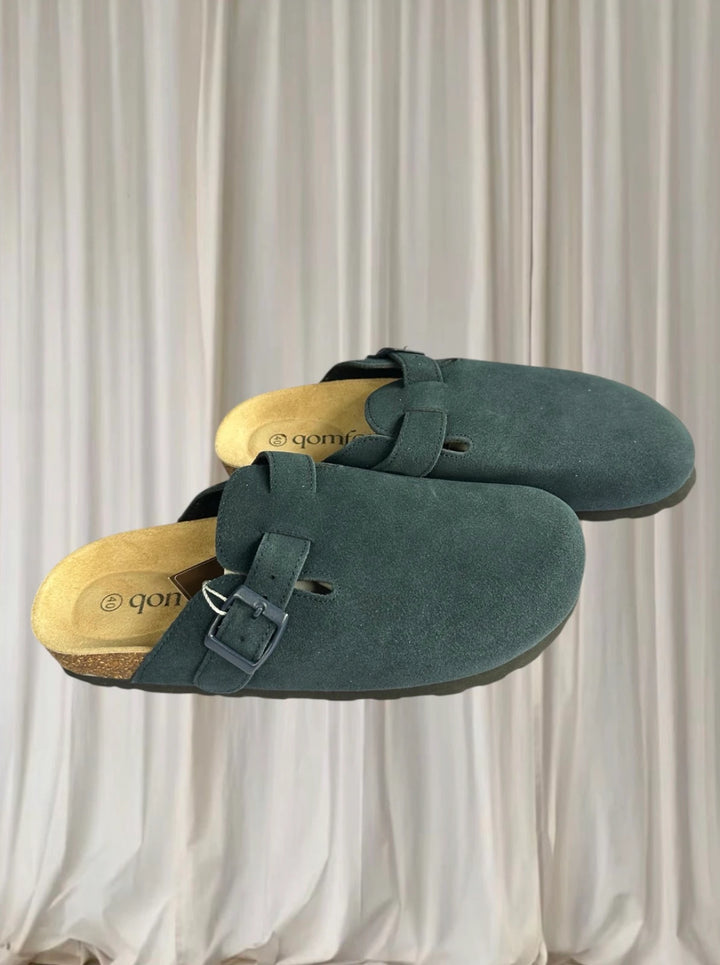 Qomfort Suede Clog Slippers - Leather Blue Buckle Footbed Sandals 40 BNWT - Image 1