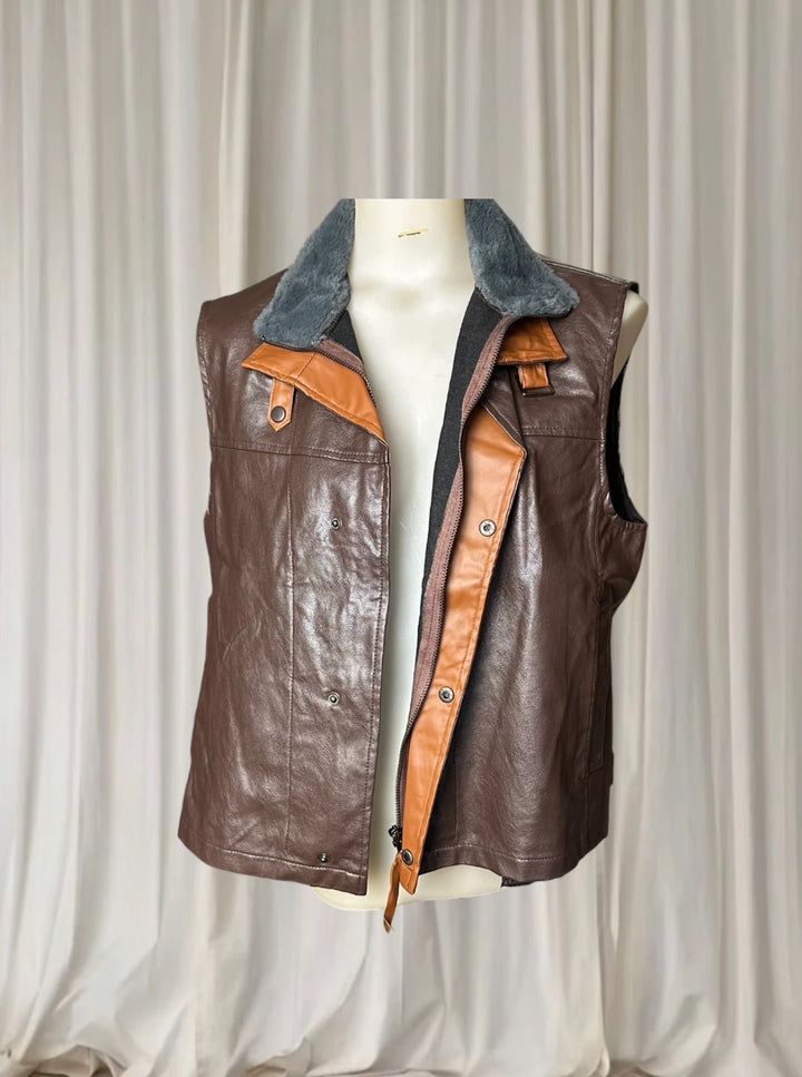 Vintage Style Faux Leather Vest - Brown Sleeveless Jacket with Faux Fur Collar L - Image 1