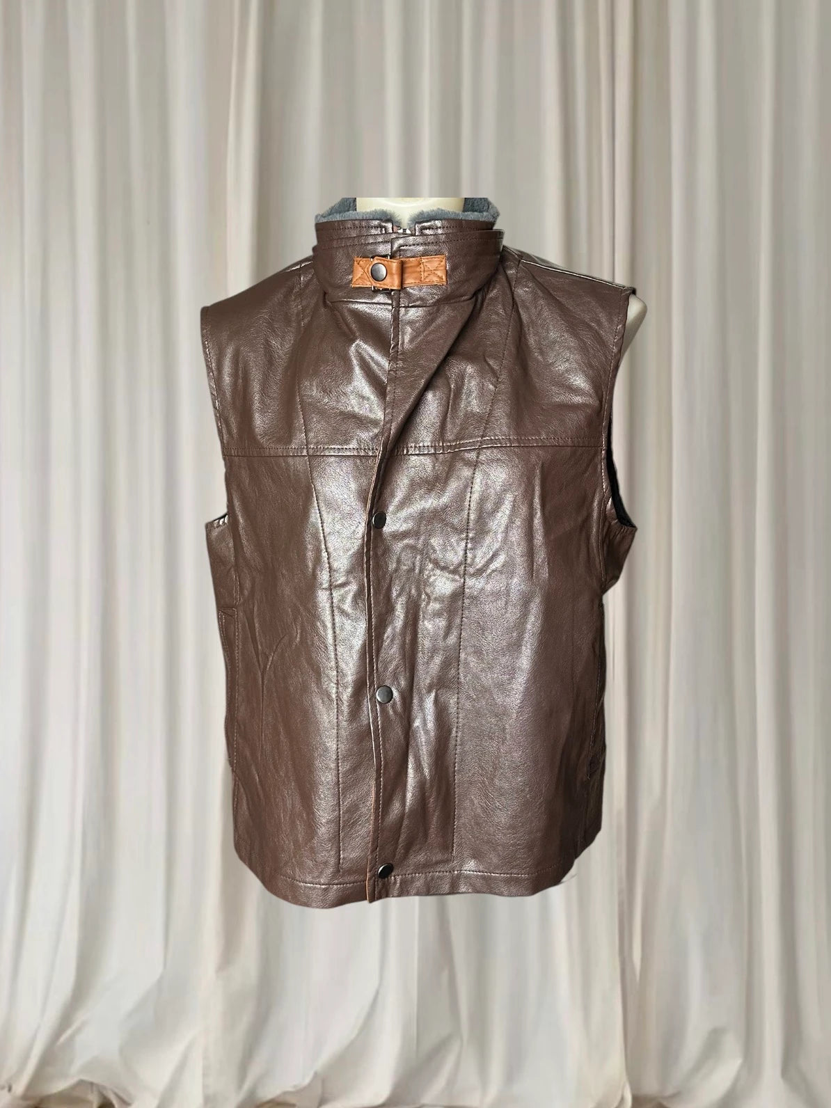 Vintage Style Faux Leather Vest - Brown Sleeveless Jacket with Faux Fur Collar L - Image 3