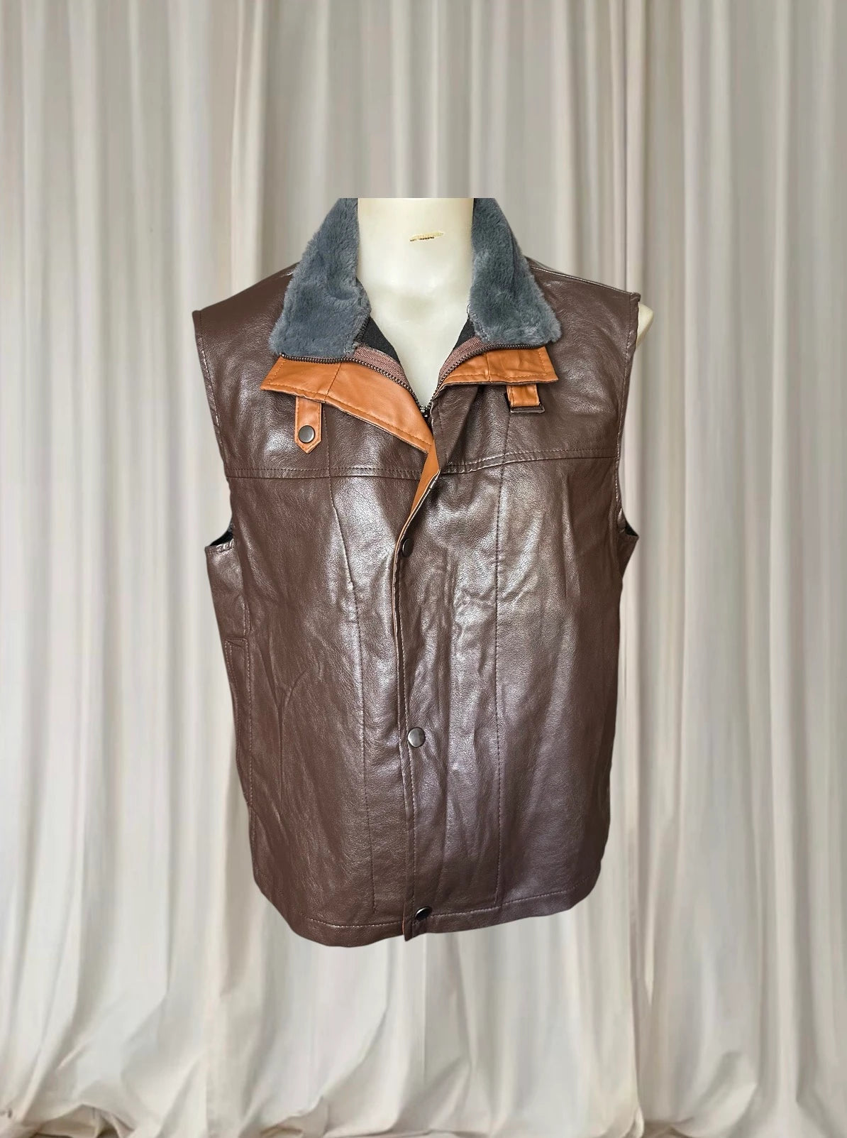Vintage Style Faux Leather Vest - Brown Sleeveless Jacket with Faux Fur Collar L - Image 2