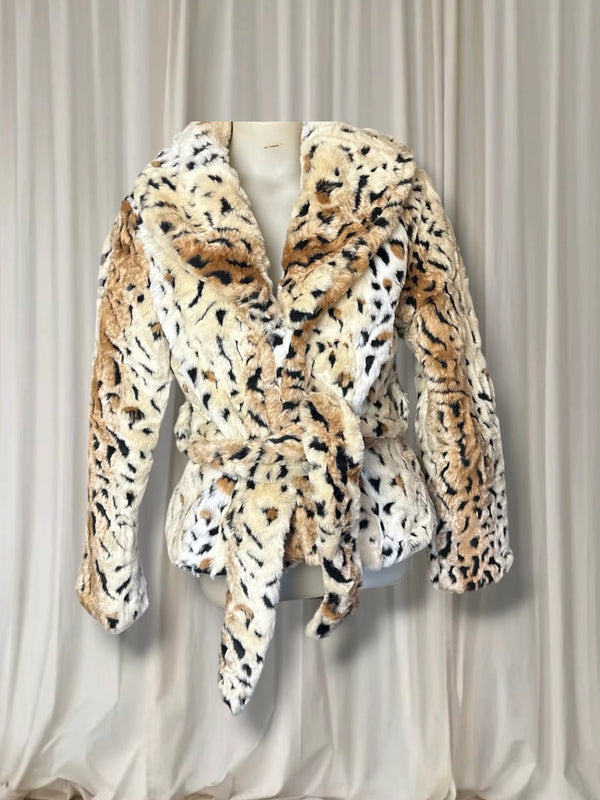 Vintage 2000s Faux Fur Leopard Print Belted Jacket Size Small - Image 1