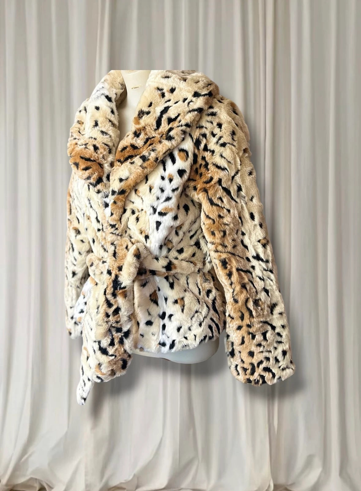 Vintage 2000s Faux Fur Leopard Print Belted Jacket Size Small - Image 3