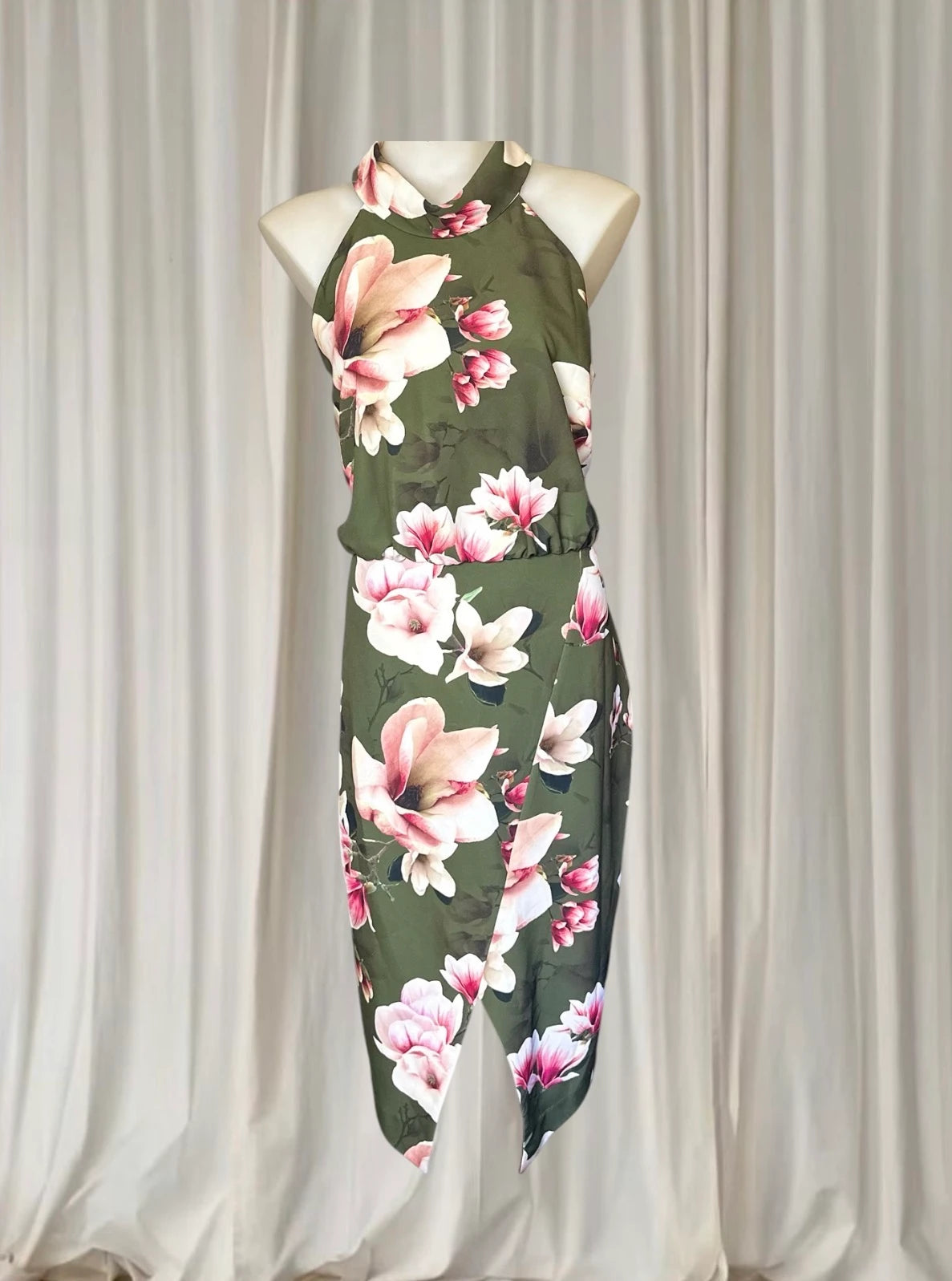 Jayson Brunsdon Floral Halter Neck Dress - Olive Green Magnolia Print M - Image 1