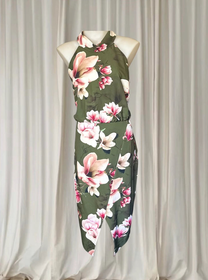Jayson Brunsdon Floral Halter Neck Dress - Olive Green Magnolia Print M - Image 1