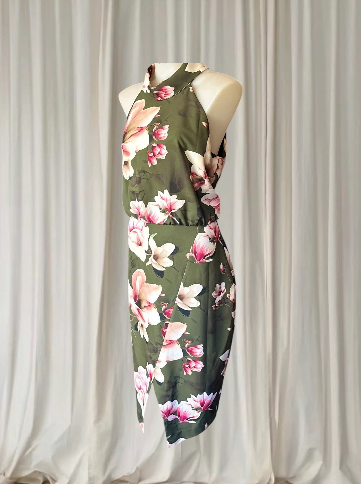Jayson Brunsdon Floral Halter Neck Dress - Olive Green Magnolia Print M - Image 3