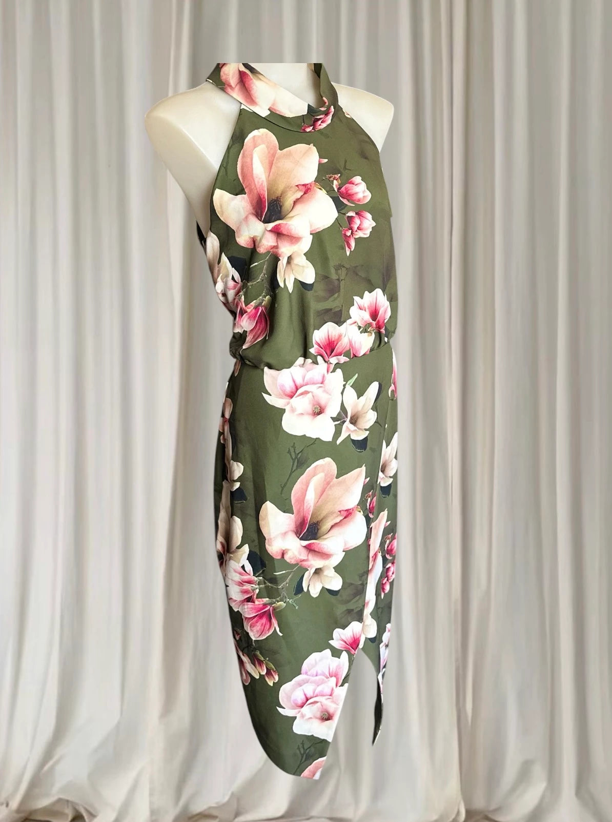 Jayson Brunsdon Floral Halter Neck Dress - Olive Green Magnolia Print M - Image 4