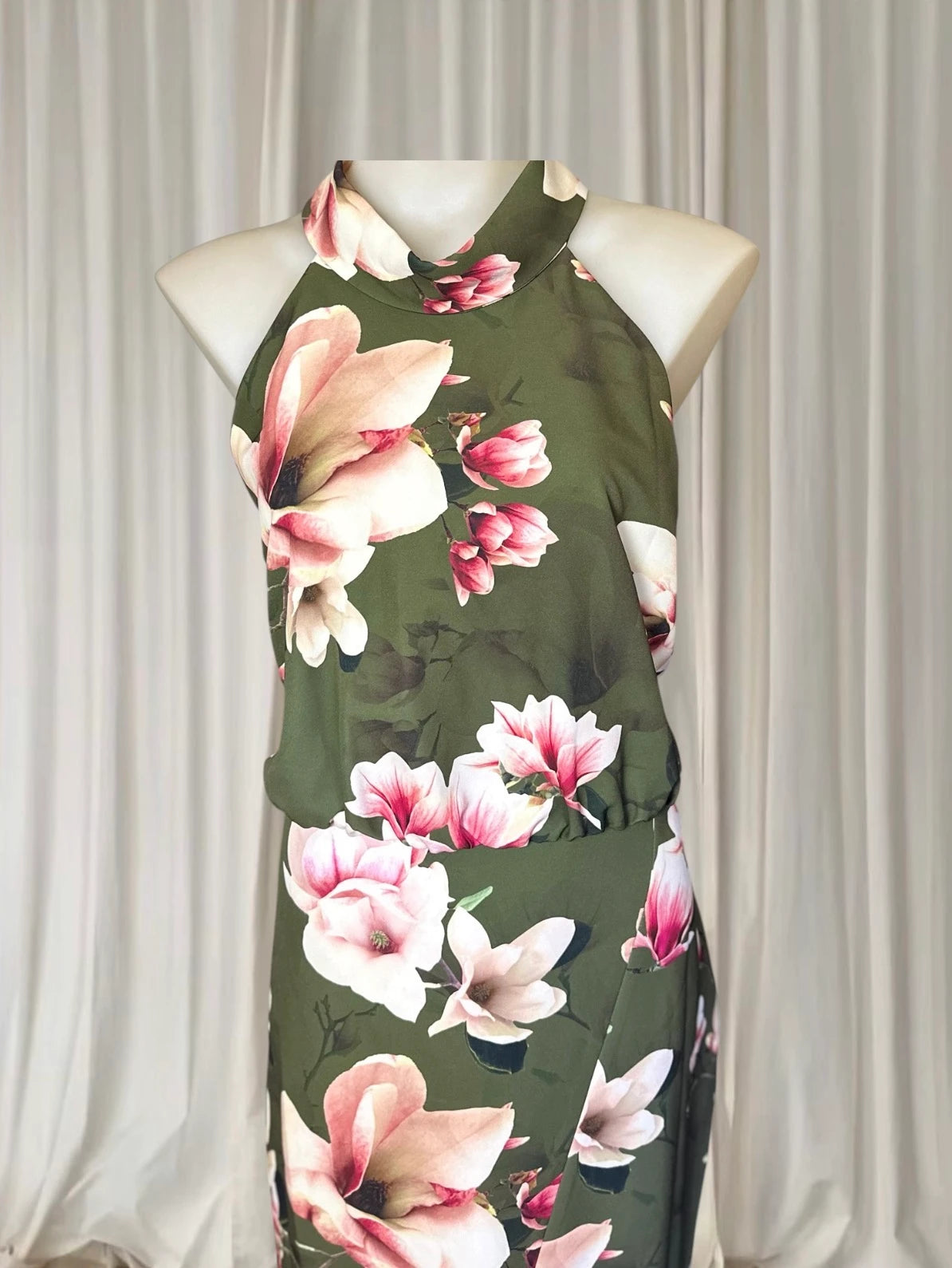 Jayson Brunsdon Floral Halter Neck Dress - Olive Green Magnolia Print M - Image 2