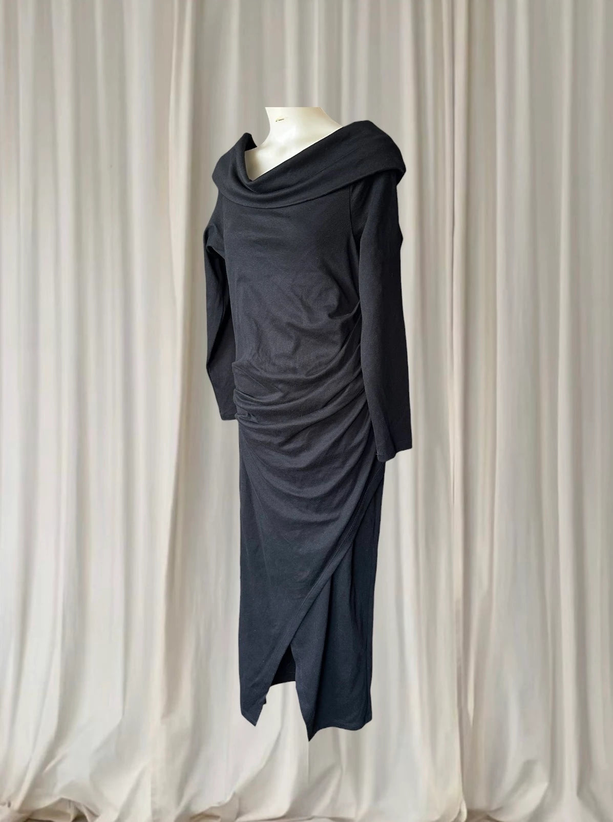 Carolina Lifestyle Megan Dress - Black Cowl Neck Ruched Midi Dress S/M - Image 4