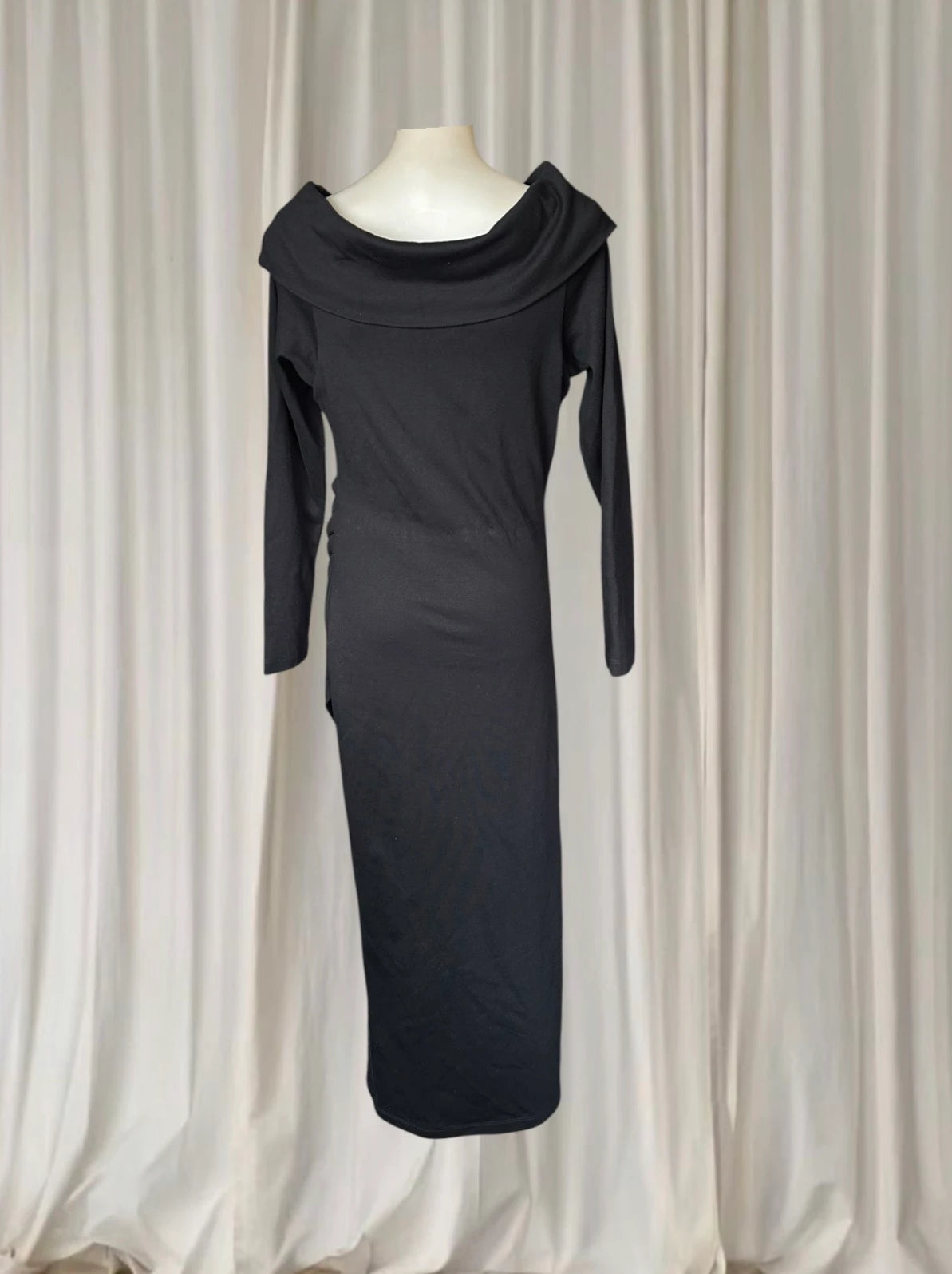 Carolina Lifestyle Megan Dress - Black Cowl Neck Ruched Midi Dress S/M - Image 5