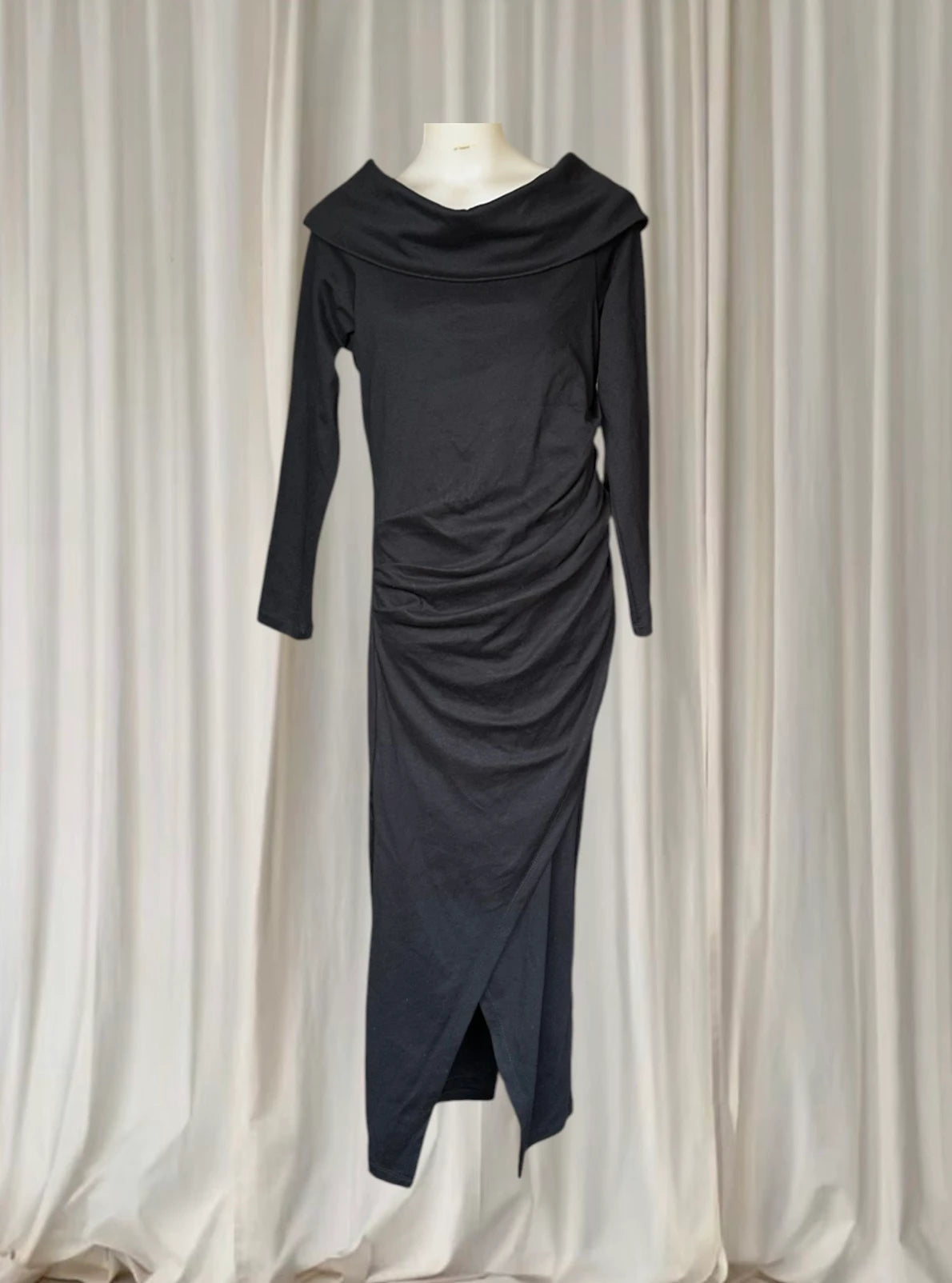 Carolina Lifestyle Megan Dress - Black Cowl Neck Ruched Midi Dress S/M - Image 3