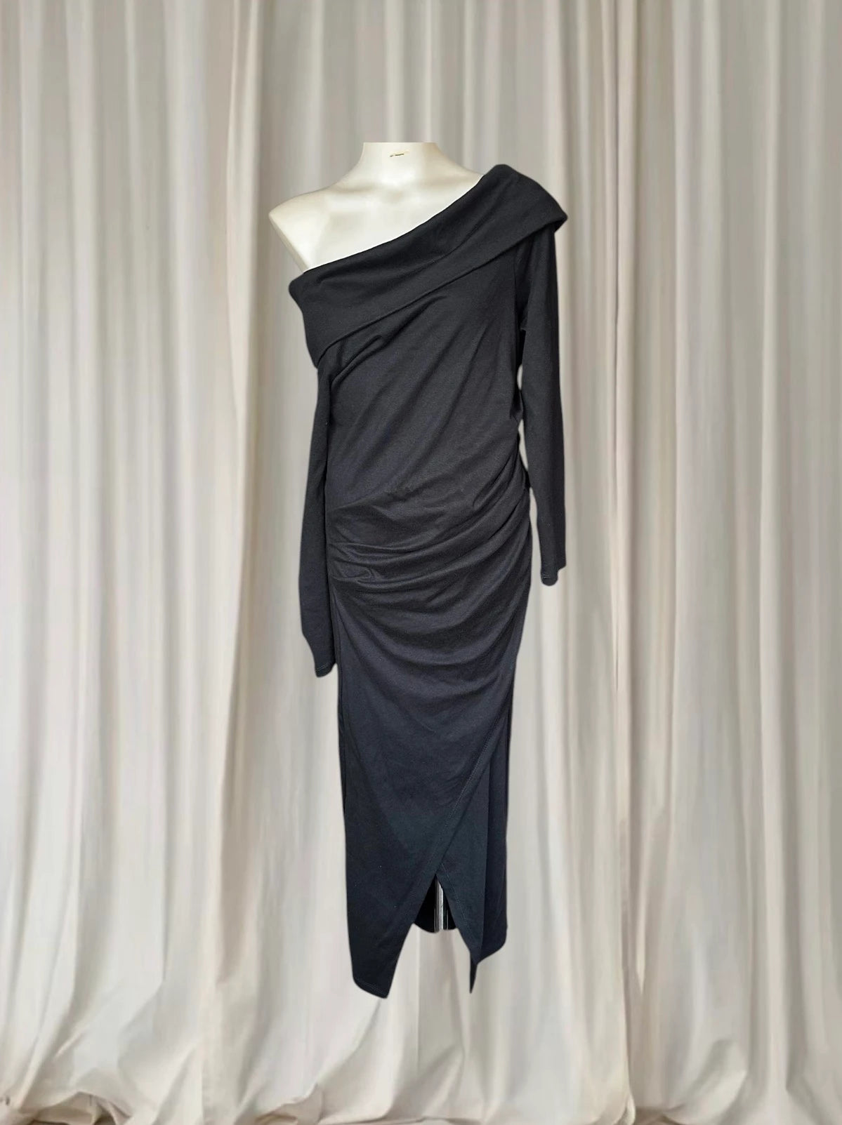 Carolina Lifestyle Megan Dress - Black Cowl Neck Ruched Midi Dress S/M - Image 2