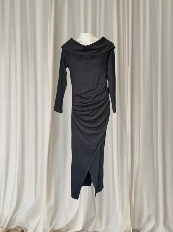 Carolina Lifestyle Megan Dress - Black Cowl Neck Ruched Midi Dress S/M - Image 1