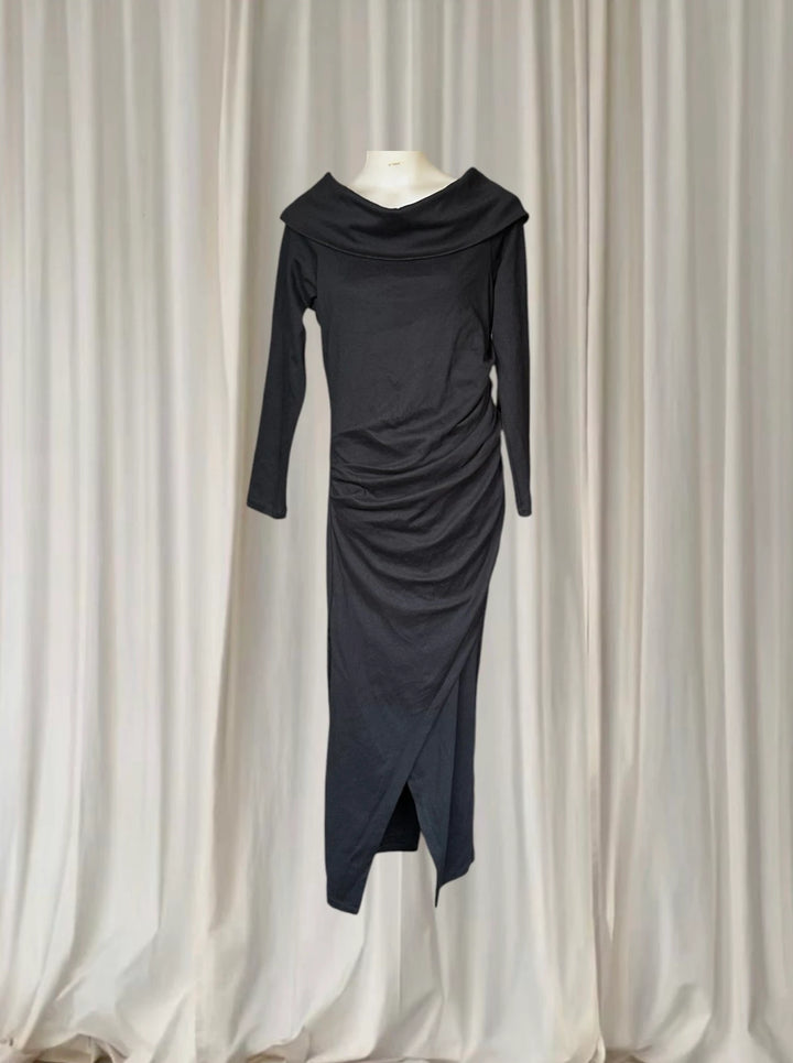Carolina Lifestyle Megan Dress - Black Cowl Neck Ruched Midi Dress S/M - Image 1