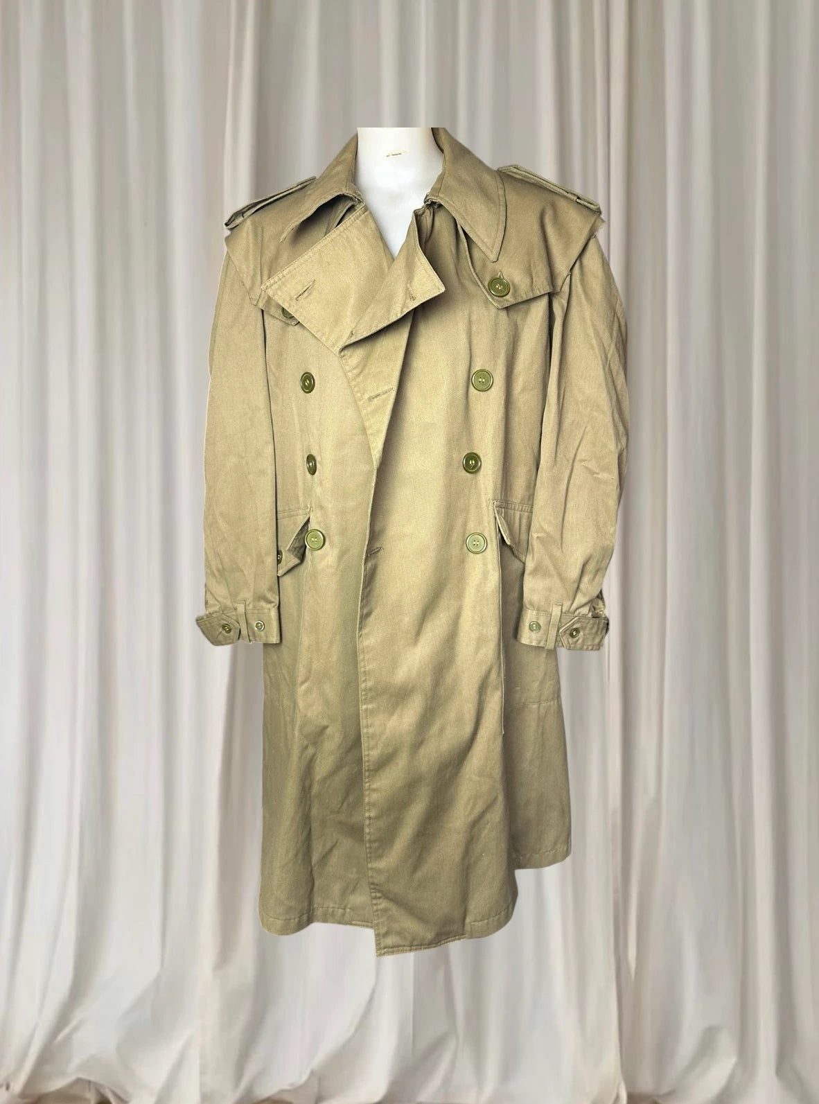 Vintage Spanish Army Military Trench Coat - Double-Breasted Olive Drab L - Image 1