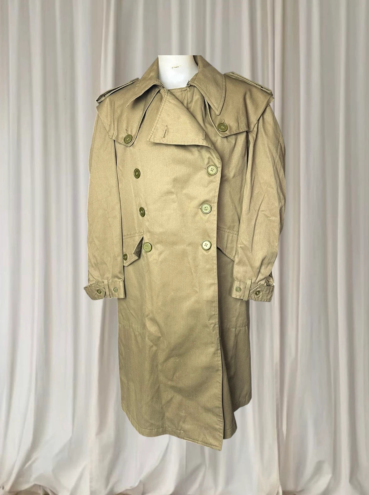 Vintage Spanish Army Military Trench Coat - Double-Breasted Olive Drab L - Image 2