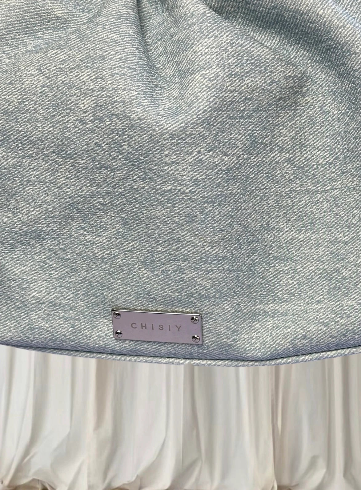 Y2k Denim Quilted Fringe Pouch Shoulder Bag - Light Blue With Elegant Pearl Charm - Image 5