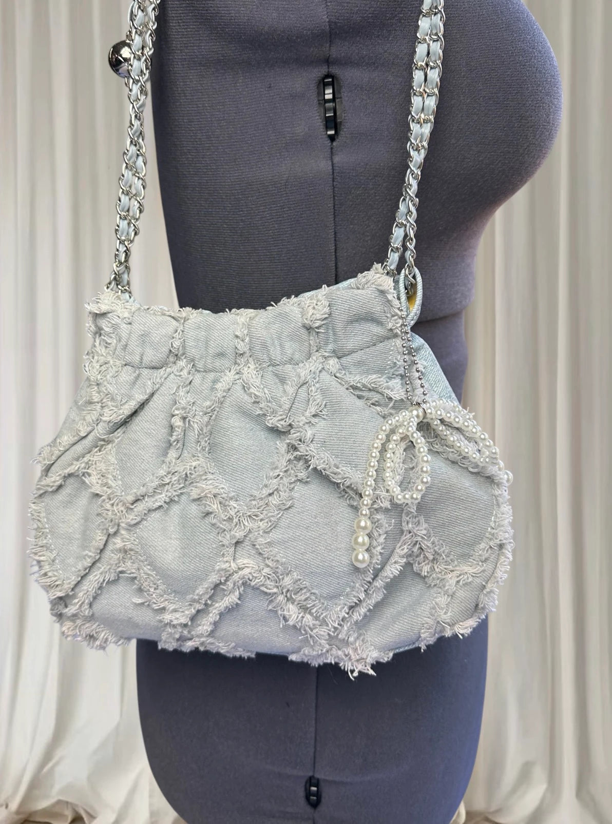 Y2k Denim Quilted Fringe Pouch Shoulder Bag - Light Blue With Elegant Pearl Charm - Image 3