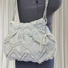 Y2k Denim Quilted Fringe Pouch Shoulder Bag - Light Blue With Elegant Pearl Charm - Image 3