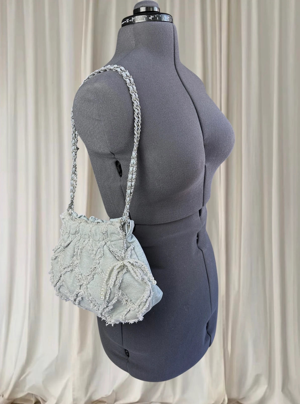 Y2k Denim Quilted Fringe Pouch Shoulder Bag - Light Blue With Elegant Pearl Charm - Image 2