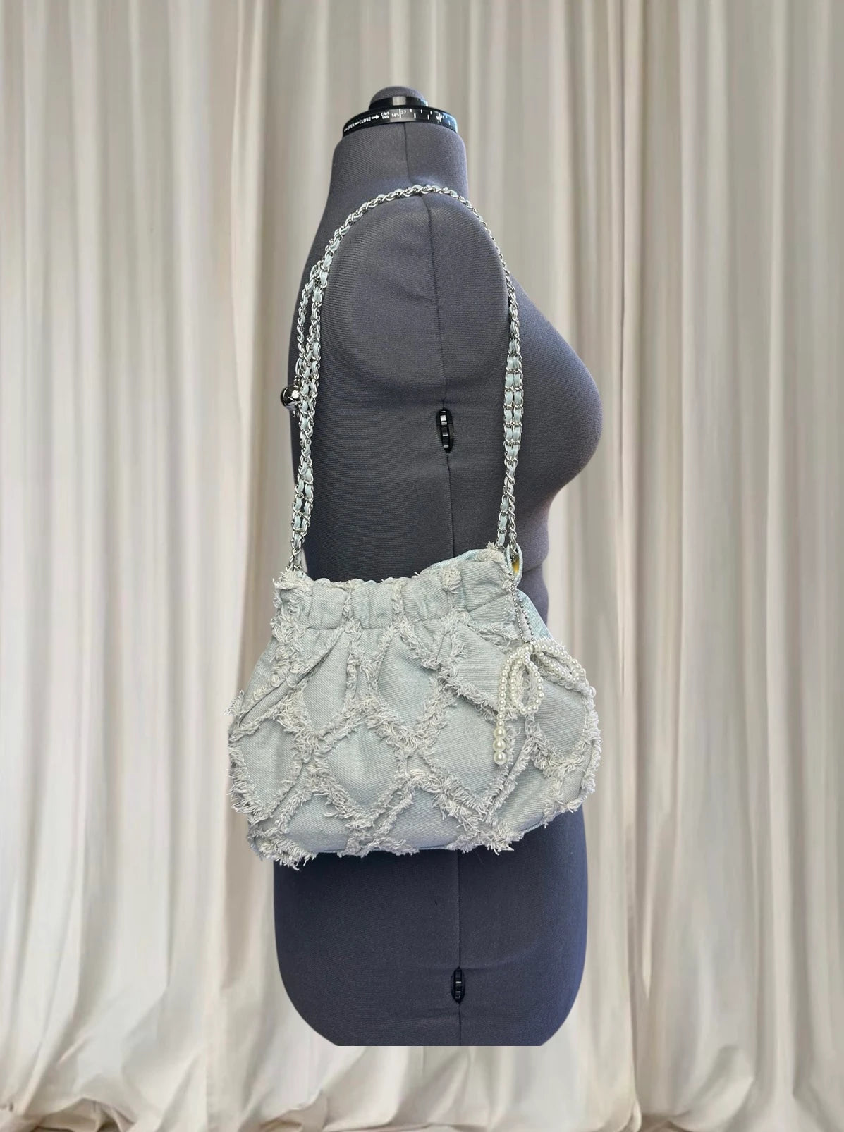 Y2k Denim Quilted Fringe Pouch Shoulder Bag - Light Blue With Elegant Pearl Charm - Image 1