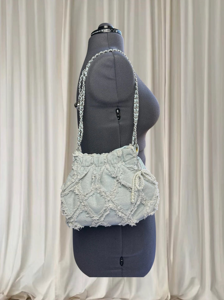 Y2k Denim Quilted Fringe Pouch Shoulder Bag - Light Blue With Elegant Pearl Charm - Image 1