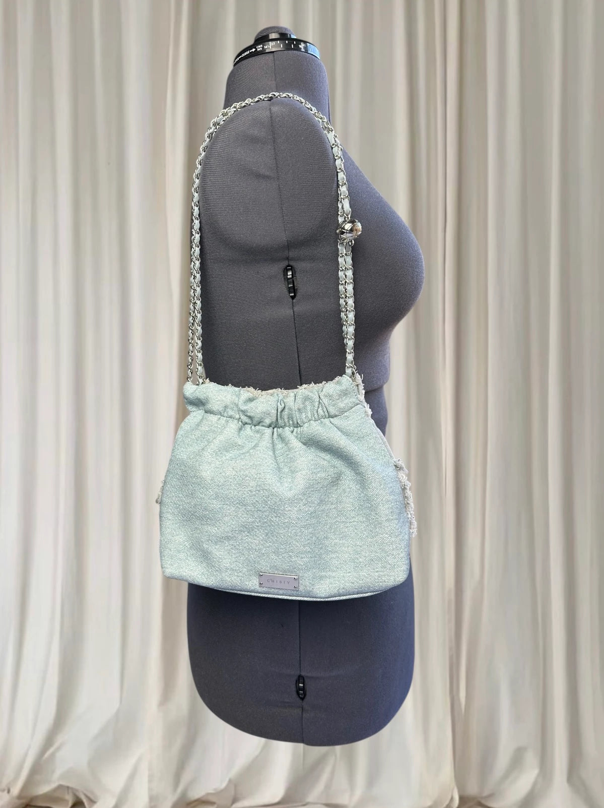 Y2k Denim Quilted Fringe Pouch Shoulder Bag - Light Blue With Elegant Pearl Charm - Image 4