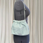 Y2k Denim Quilted Fringe Pouch Shoulder Bag - Light Blue With Elegant Pearl Charm - Image 4