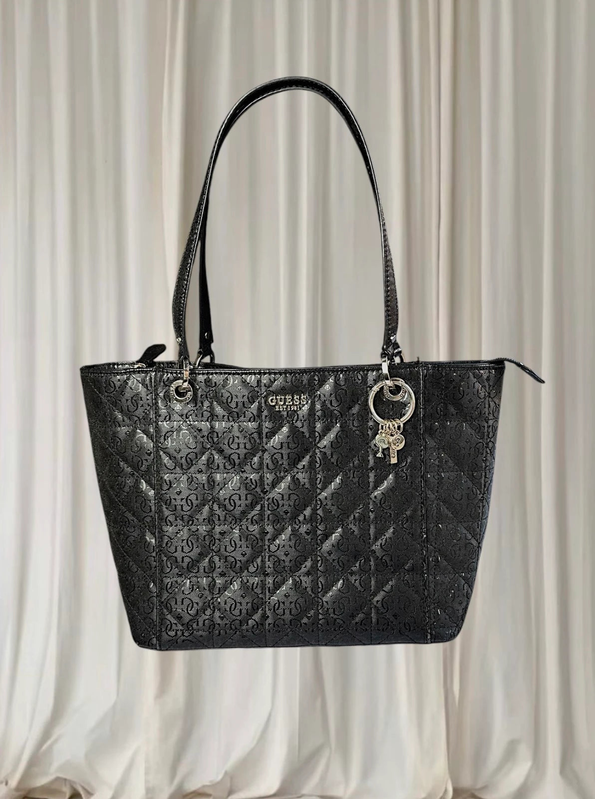 Guess Large Tote Handbag - Quilted Black Shoulder Bag - Image 1