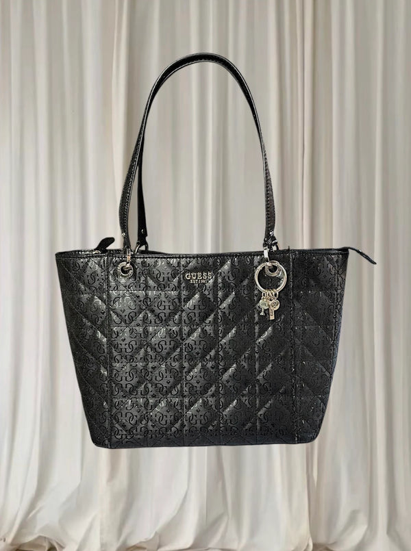 Guess Large Tote Handbag - Quilted Black Shoulder Bag - Image 1