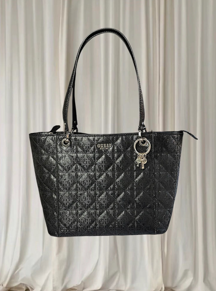 Guess Large Tote Handbag - Quilted Black Shoulder Bag - Image 1